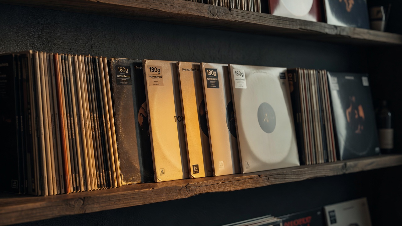 Collection de rééditions audiophiles de qualité posées sur une étagère en bois à côté de pressages originaux vintage, le tout éclairé par une lumière ambrée chaleureuse sur fond anthracite